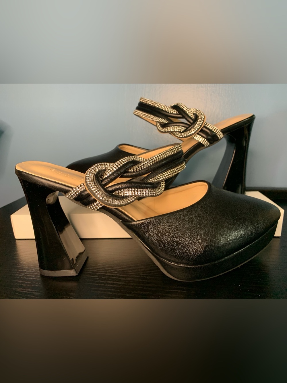 Black Rhinestone-Knot Pointed Mules